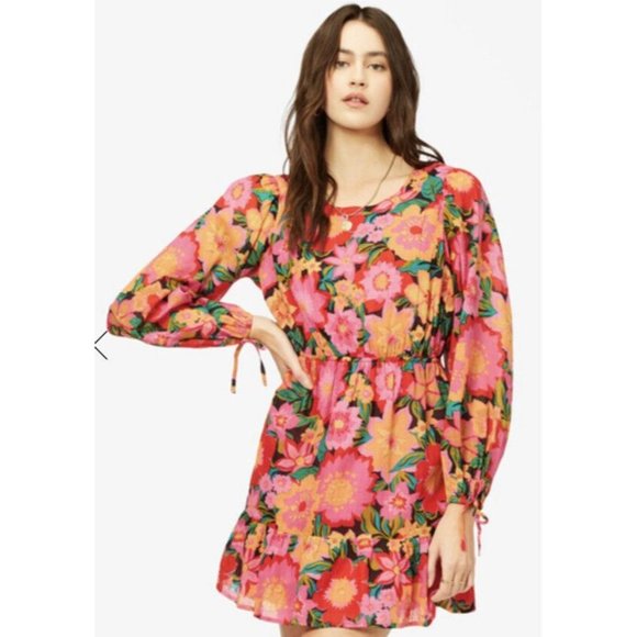 Billabong Heaven Sent Floral Open Back Mini Dress Long Blouson Sleeve Size M - Picture 3 of 12
